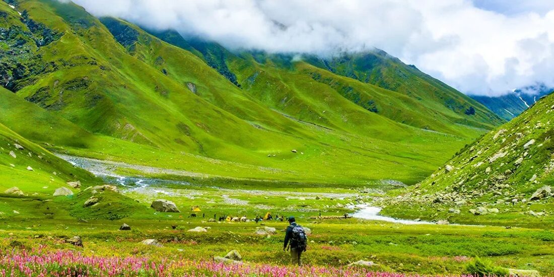 Trekking through alpine meadows on the Bhaba Pass Trek