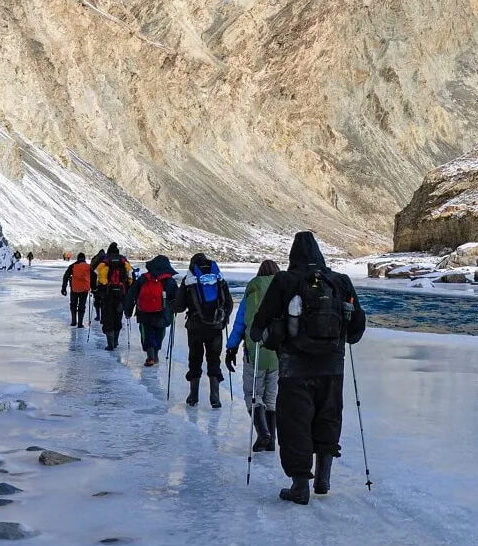 Trekkers walking on frozen Zanskar River during Chadar Trek Ladakh