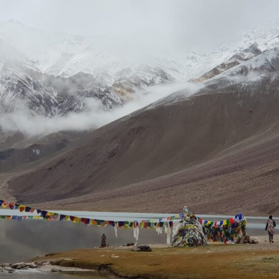 Trekker on Chandratal to Baralacha La trail with snow-capped peaks