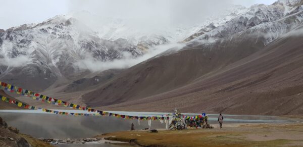 Trekker on Chandratal to Baralacha La trail with snow-capped peaks