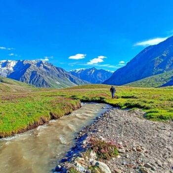 Panoramic view of Miyar Valley Trek with snow-capped peaks and alpine meadows